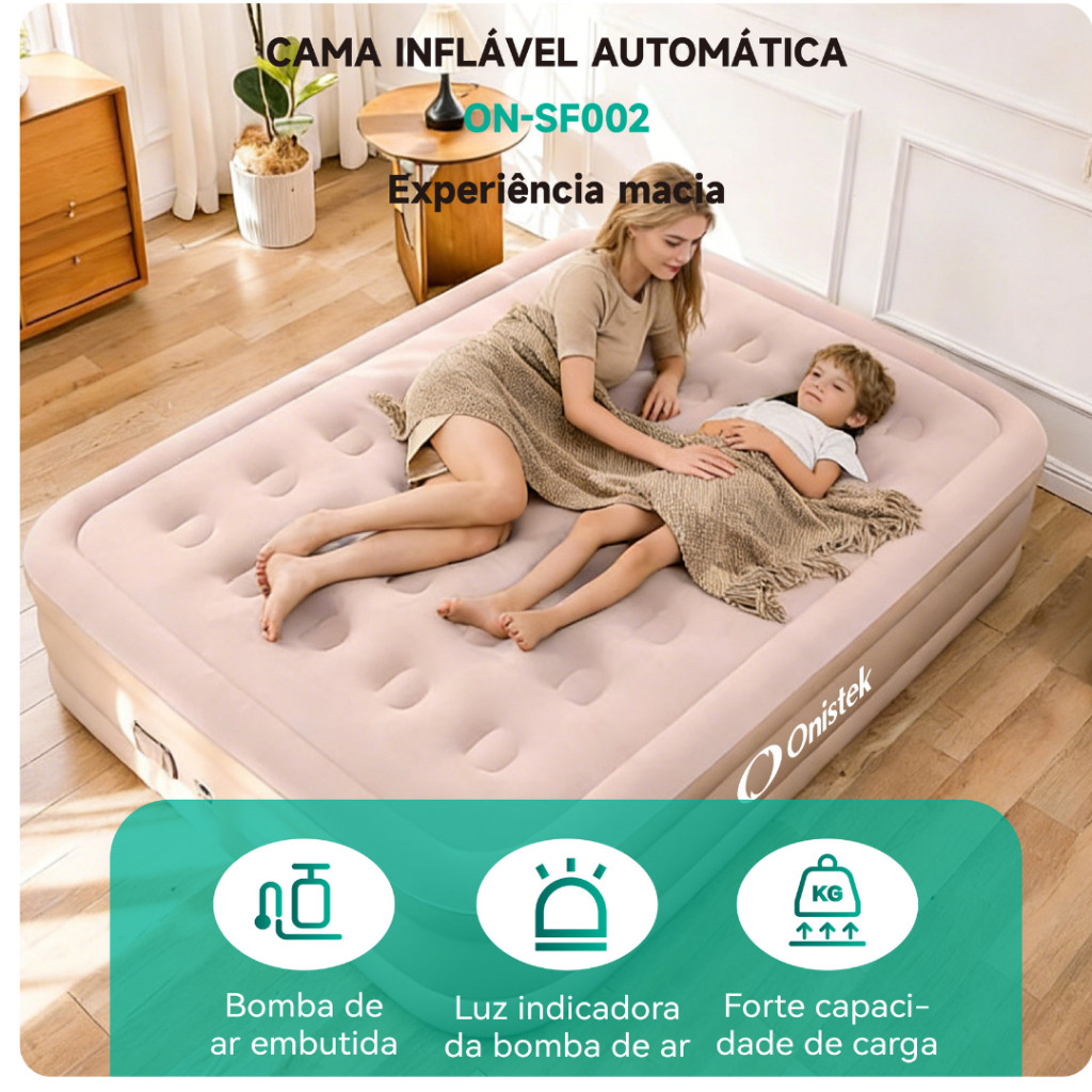 Colchão Inflável Casal com Bomba Recarregável Integrada e Bateria de Íon de Lítio Onistek ON-SF002 em Oferta na Shopee