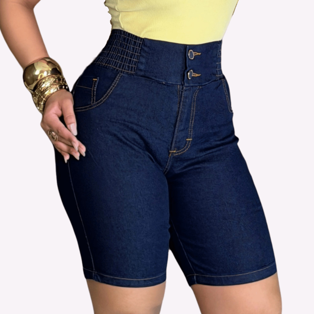 Bermuda Short Jeans Feminina Ciclista Ate o Joelho Cintura Alta Umbigo Elastano com lycra