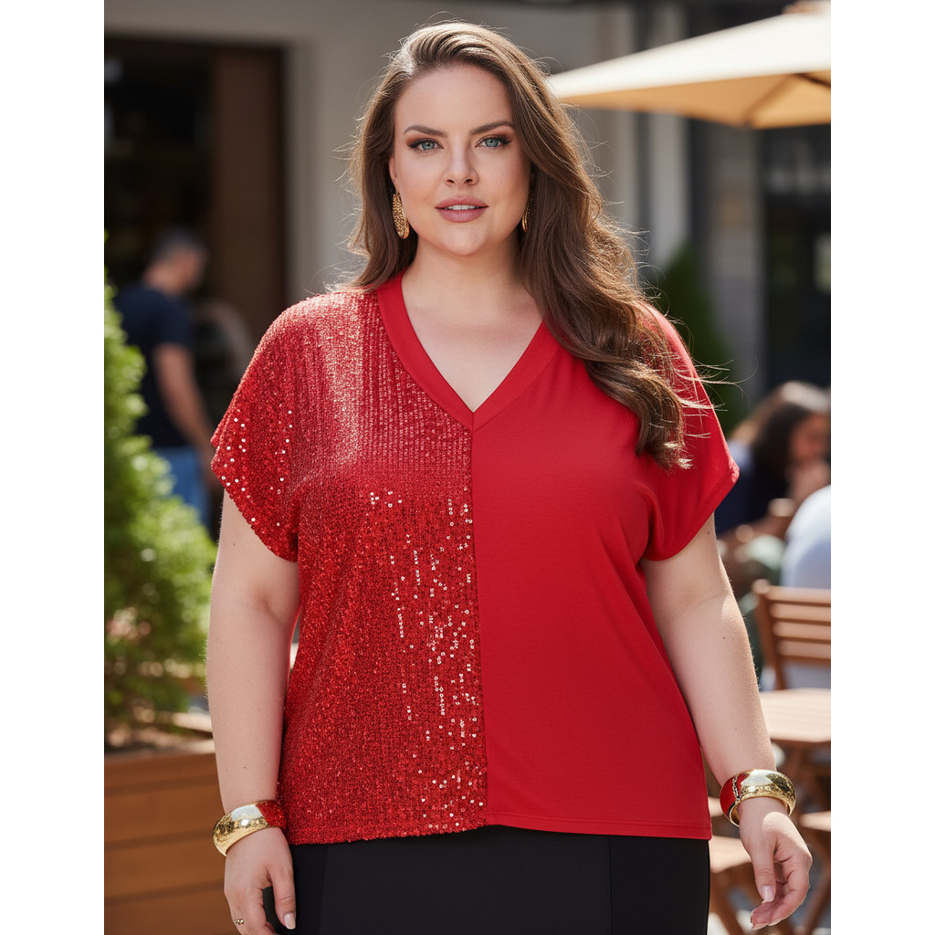 Blusa Feminina Detalhe Frente Paetê Plus Size Brilho Festa