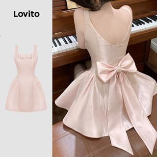 Lovito Vestido Casual com laço nas costas oco babado bainha primavera/verão vestido rosa claro para mulheres LK3ED1956 em Oferta na Shopee