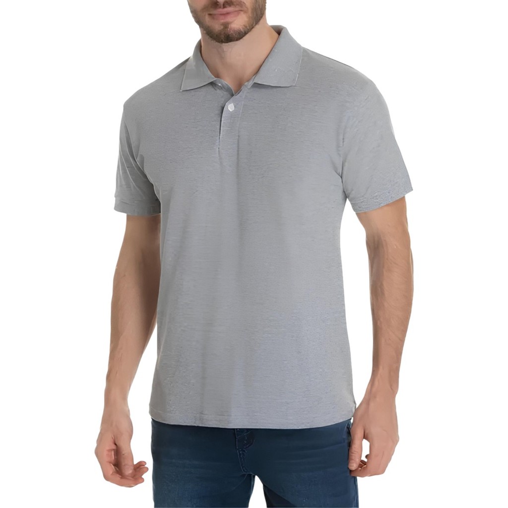 Camisa Polo com Botões Malha Piquet PA Cinza Lisa