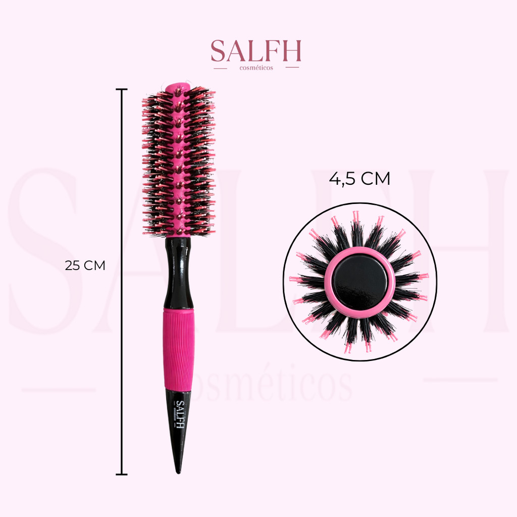 Escova de Cabelo Profissional Térmica Ceramica Cerdas Duplas Javali Nylon 45mm Diâmetro Rosa Salfh