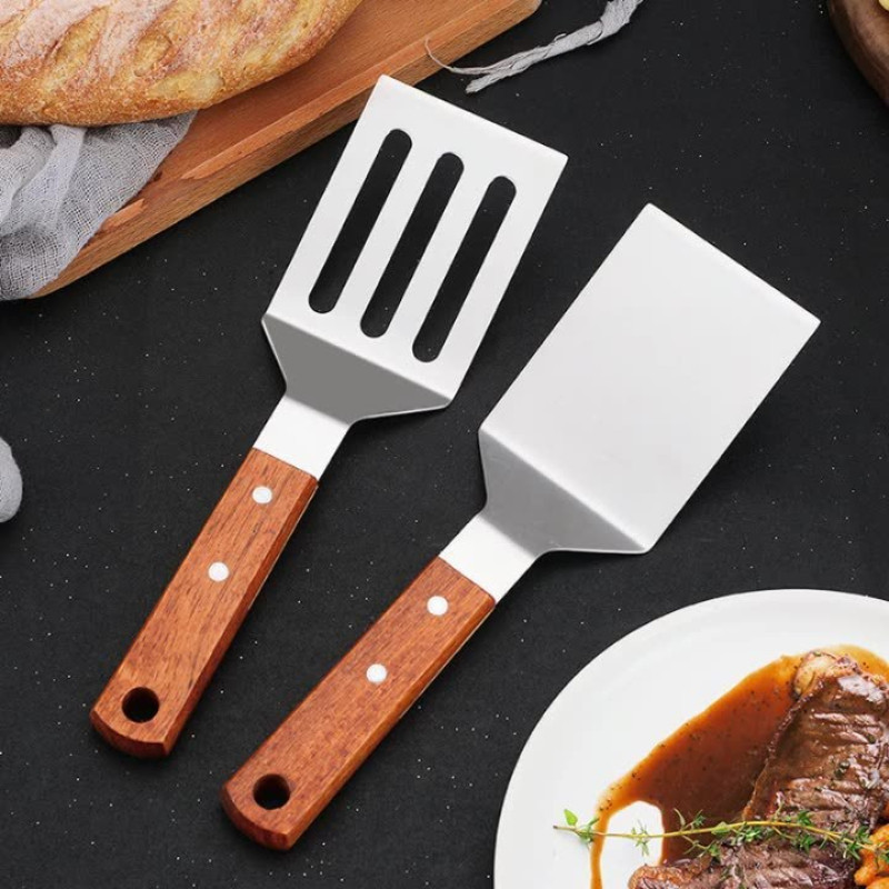 Espátula de cozinha utensílios de cozinha cozinhar aço inoxidável Teppanyaki alça de madeira espátula de drenagem fritar