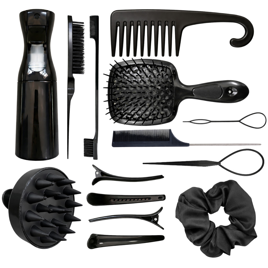 Kit 14 Peças Acessórios Cabeleireiro Salão Preto - Spray Borrifador Prendedor Escova Pente