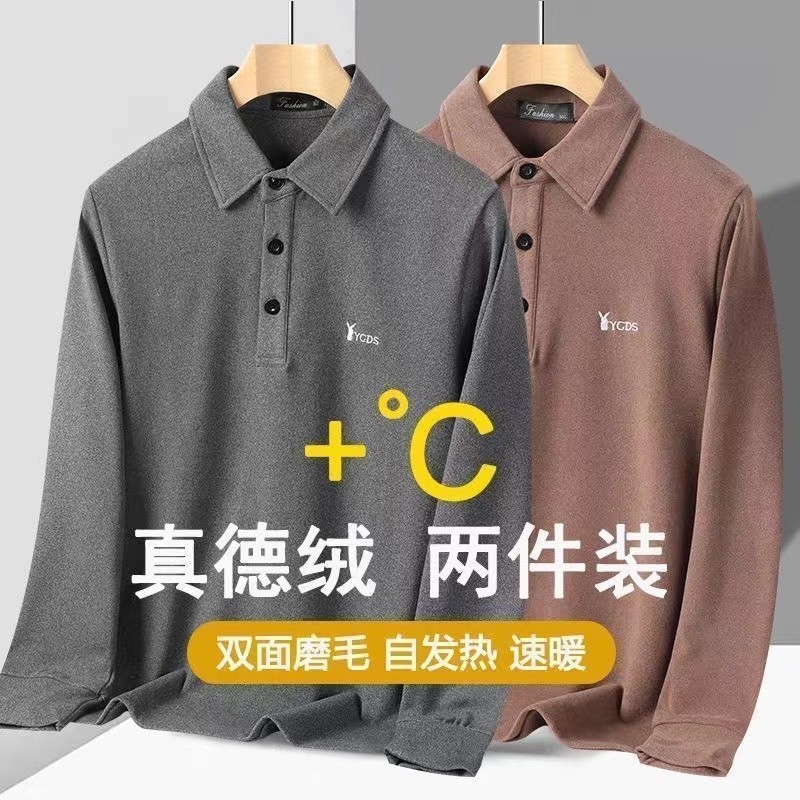 Outono inverno camisa de fundo masculina Paul camisa polo dupla face lapela de lã de manga comprida camiseta quente topo
