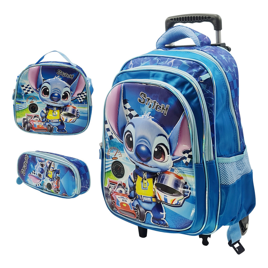 Kit Mochila Escolar Menino Infantil 3d Rodinhas Stitch Azul