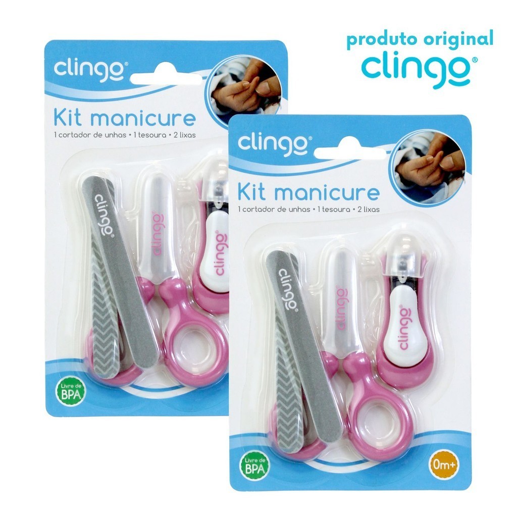 2 Kits Higiene Manicure Infantil Clingo Rosa – Cortador, Tesoura e Lixa
