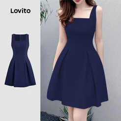 Lovito Elegante Vestido de Pregas Primavera/verão Vestido Azul-marinho para Mulheres L149LD323