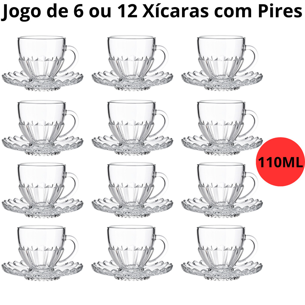 Jogo de 6 ou 12 Xícaras com Pires Cafe e Cha Brasiliano Transparente Vidro 110ml Decorada Luxo em Oferta na Shopee