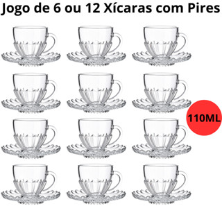 Jogo de 6 ou 12 Xícaras com Pires Cafe e Cha Brasiliano Transparente Vidro 110ml Decorada Luxo em Oferta na Shopee