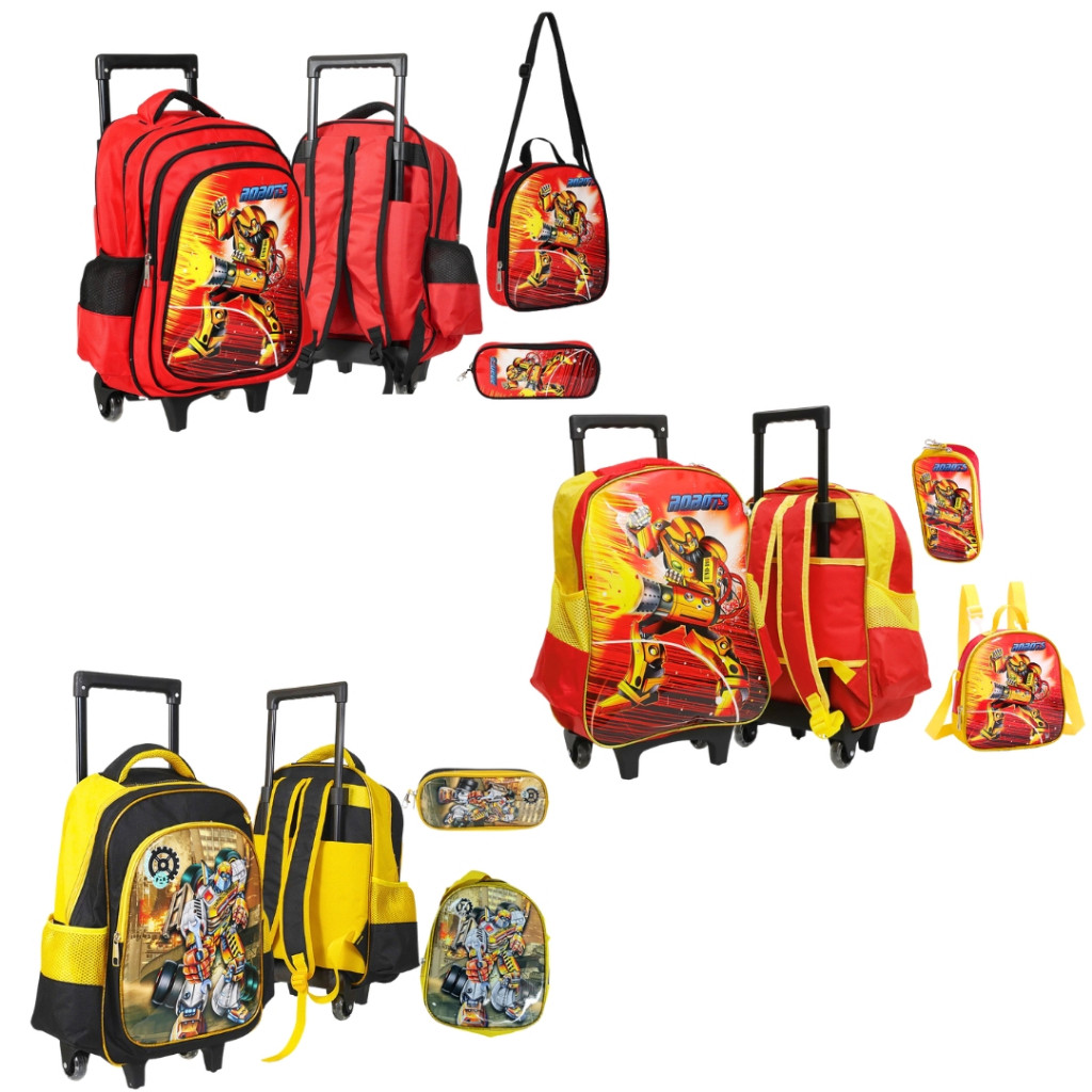 KIT MOCHILA ESCOLAR INFANTIL ROBÔ TRANSFORMERS DE COSTAS  COM RODINHAS + LANCHEIRA + ESTOJO