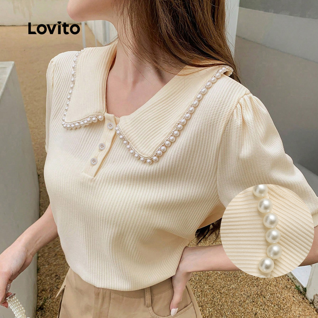 Lovito  Blusa Casual Pérolas Botão Lazer Primavera/verão Blusa de Damasco para mulheres. L172ED783 em Oferta na Shopee