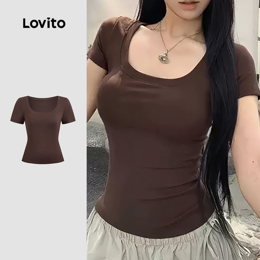 Lovito Camiseta Marrom Simples para Mulheres primavera/verão L165ED969 em Oferta na Shopee