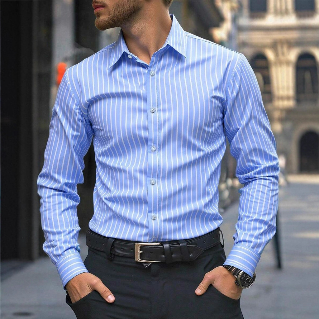 Camisa masculina de manga comprida Casual simples moda nova camisa listrada impressa camisa All-Match