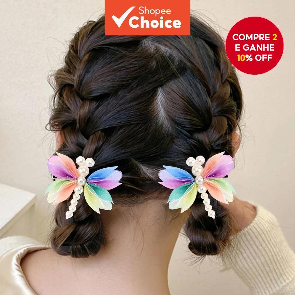 Novos 2pcs Clips de Cabelo em Forma de Libélula Colorida com Pérolas e Rede - Acessórios de Cabelo para Meninas Bebê