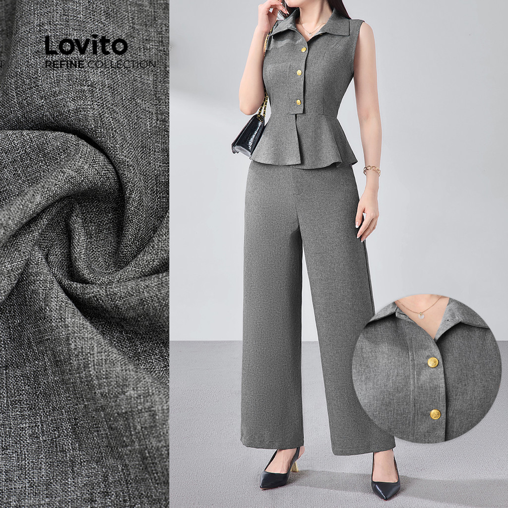 (Lovito Refine) Conjuntos de Calças Elegantes Retrô Sem Rugas para Primavera/verão para Mulheres LR12E062 em Oferta na Shopee