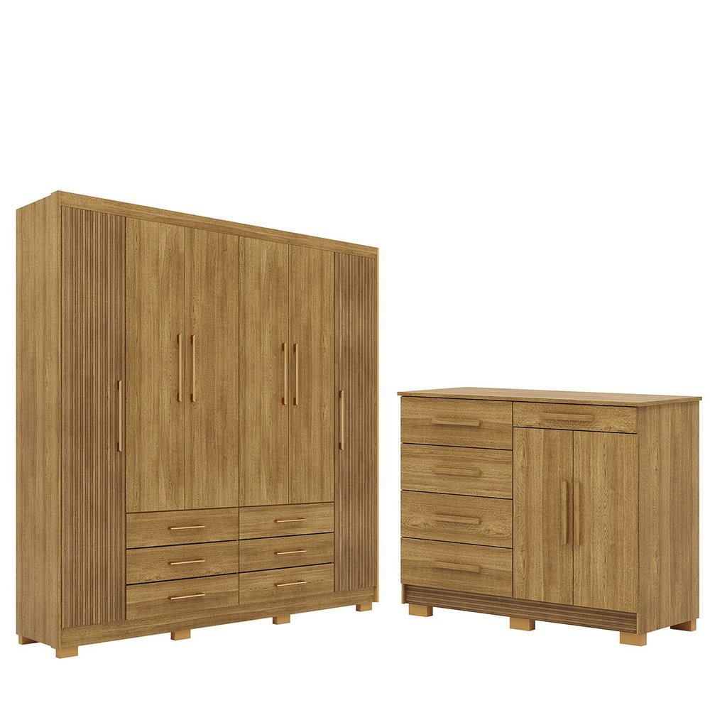 Guarda-Roupa Casal 100% Mdf Cadence e Cômoda Sapateira Mdp Sirios Nature/Brisa