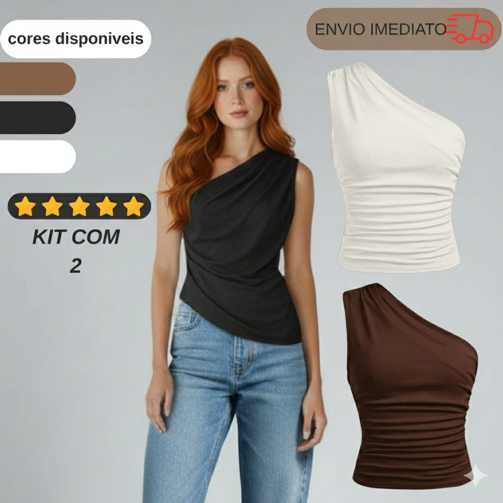 KIT 2 Blusa Feminina Elegante Mula Manca Com Franzido Assimétrica Casual Ombro Único em Oferta na Shopee