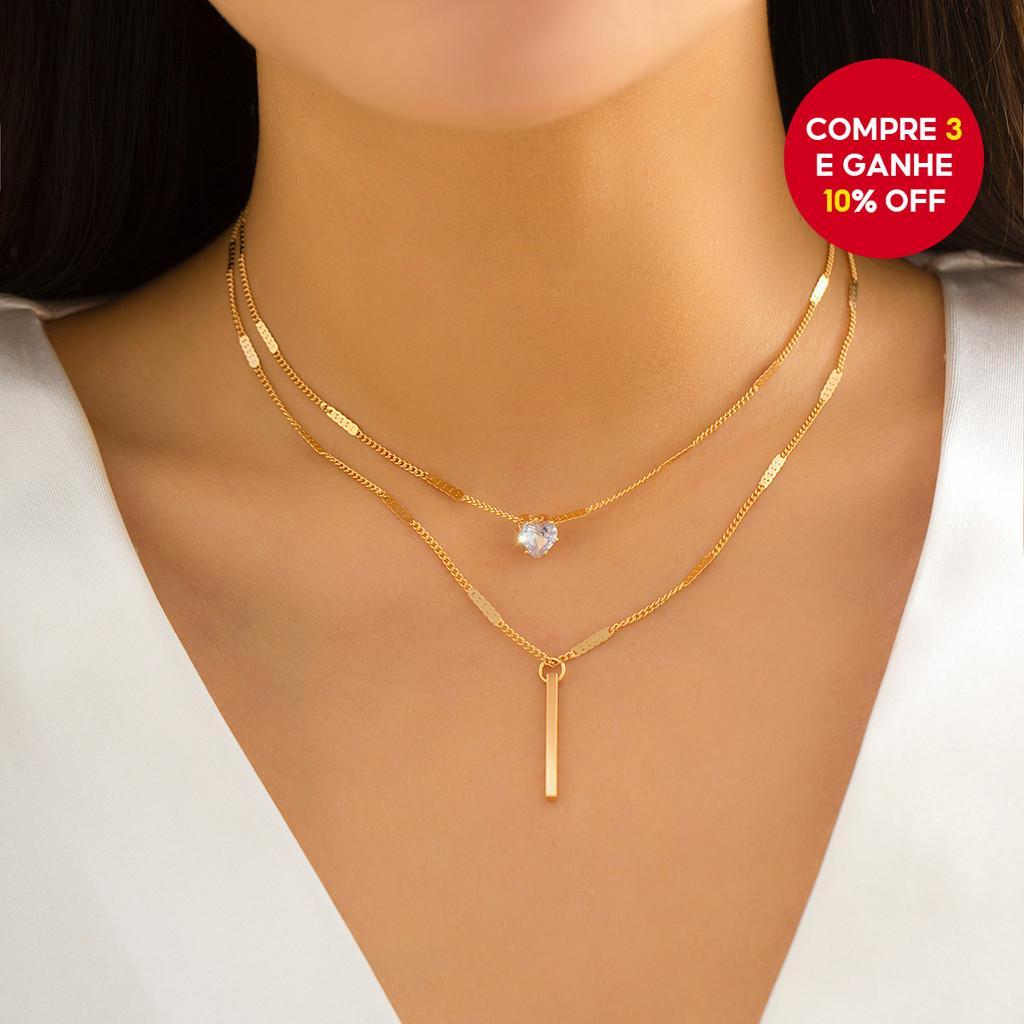 Colar De Corrente De 2 Camadas Com Pingente De Bastão De Coração De Cristal Na Moda Feminina Joias Presente