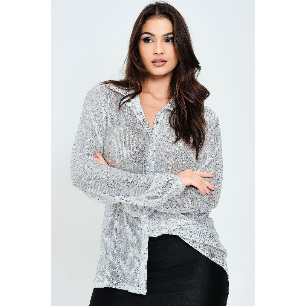 Camisa Feminina Social Paetê Planet Girls Prata