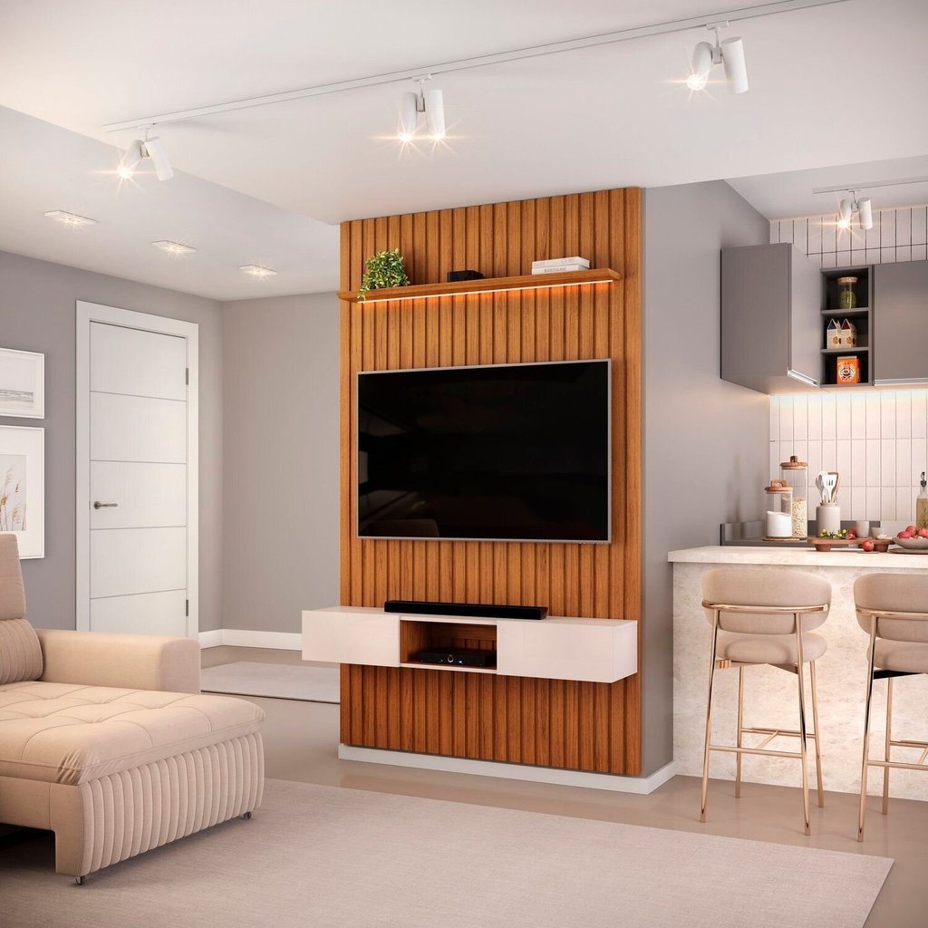 Painel Ripado para TV até 60 Polegadas com LED MDF 143cmx240cm Trento Marrom Freijó/Off White Freijó/Off White