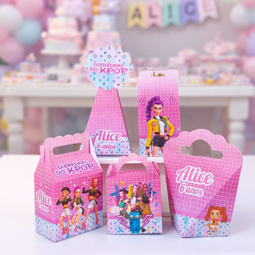 Lembrancinhas Guerreiras do Kpop Aniversário Infantil Caixinhas Personalizadas Festa Pegue e Monte