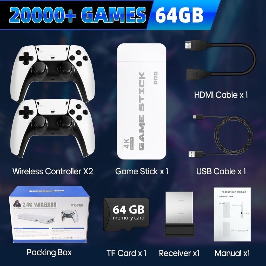 2026 Novo estilo Gamepad M15 Pro 4k 64gb HDMI com 2 controladores com fio + 20.000 jogos Moby