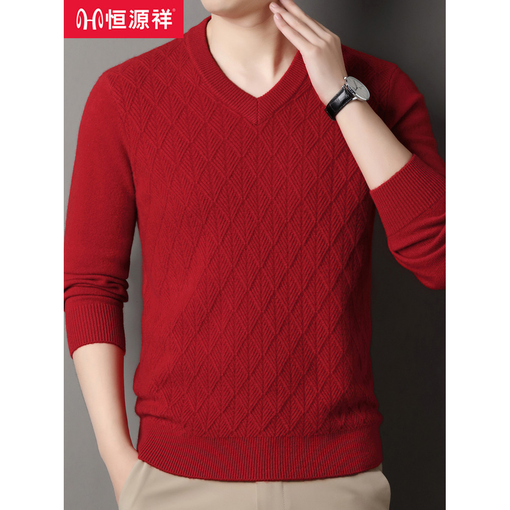 Hengyuanxiang 2026 Novo estilo suéter vermelho de malha masculino com caxemira pai inverno grosso suéter com decote em V