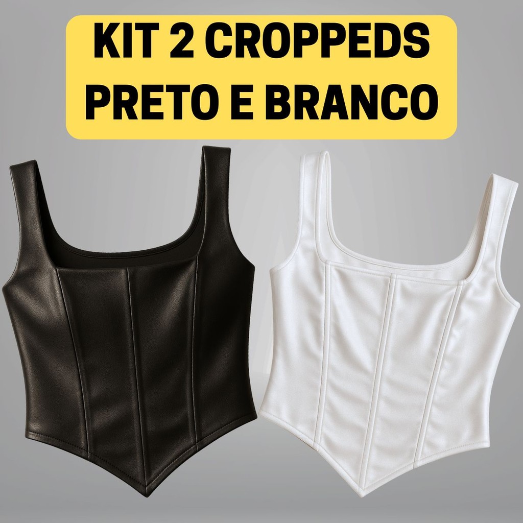 Kit 2 Cropped Corselet Cintilante V com Alças Dazy - Preto e Branco em Oferta na Shopee