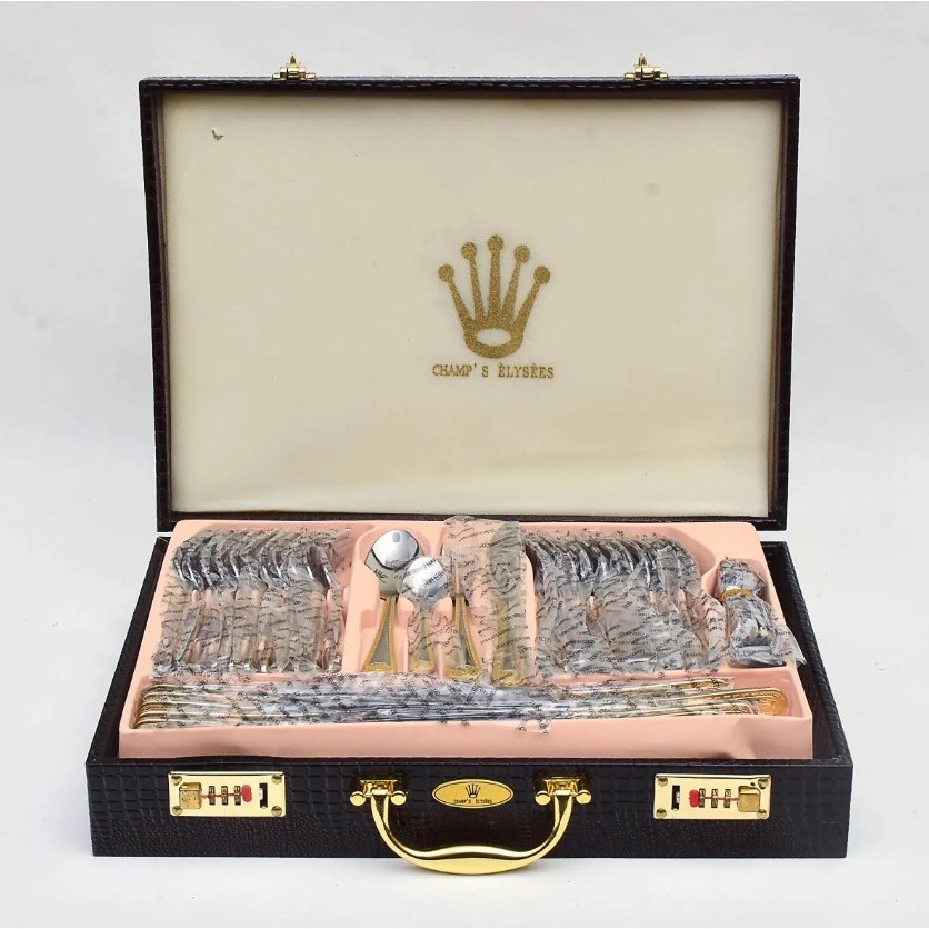 Faqueiro Luxo Inox Banhado a Ouro 24K – 84 Peças com Maleta em Oferta na Shopee