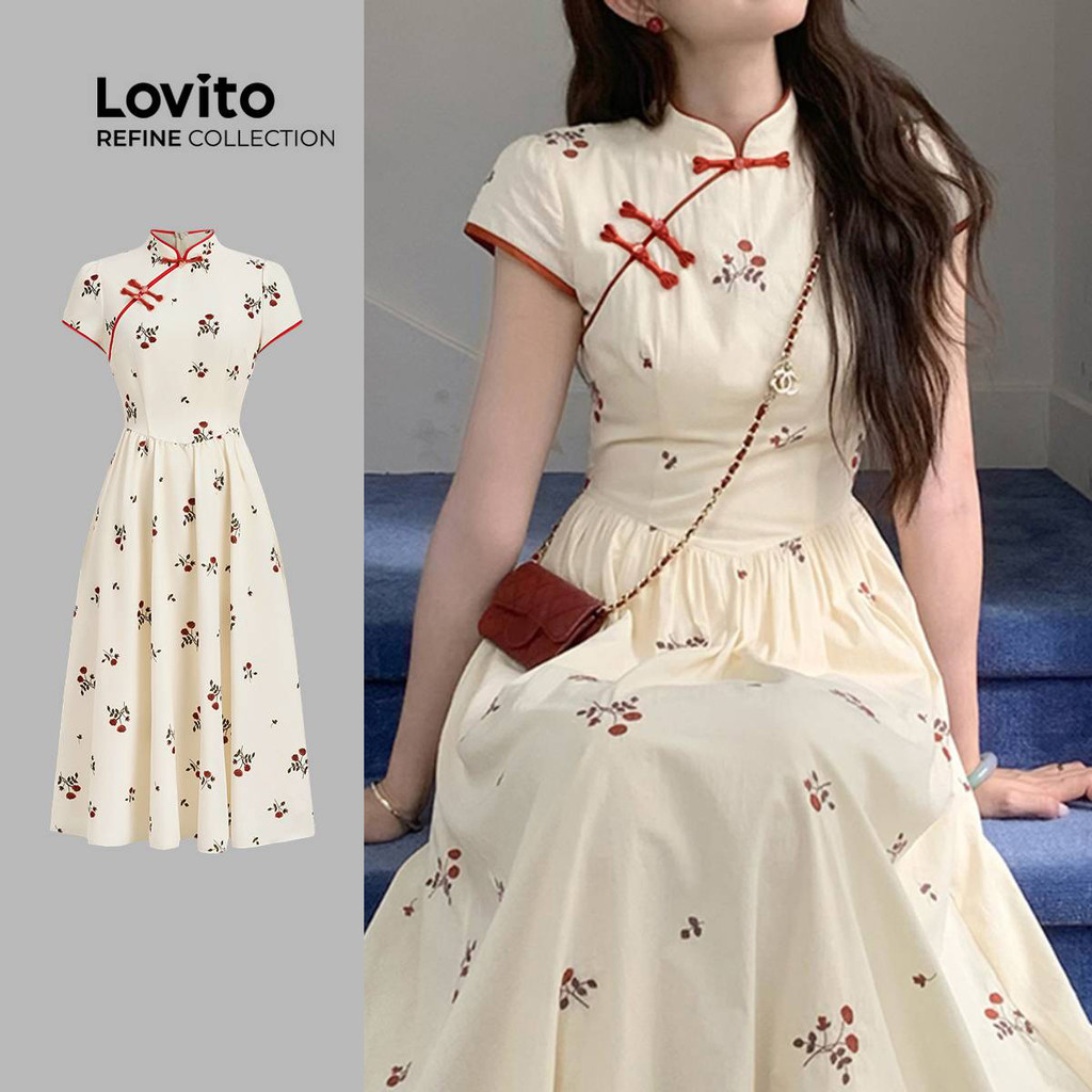 (Lovito Refine) Vestido Vintage com Contraste de Amarração Estilo Chinês Primavera/verão damasco LR26E059 em Oferta na Shopee