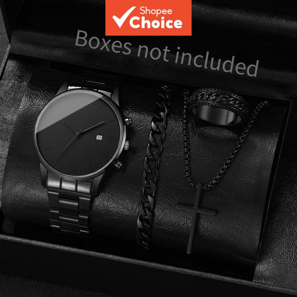 Conjunto De Relógio Masculino Preto Com Calendário De Quartzo De 4 Peças – Pulseira De Aço Presente De Verão em Oferta na Shopee