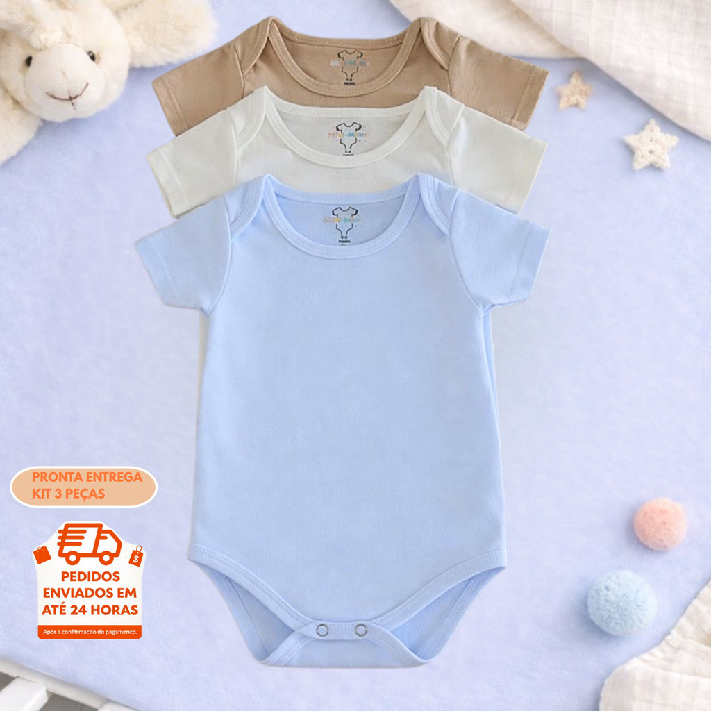 3 Body Liso Ou Individual Manga Curta Cores Neutras de Bebê 100% Algodão