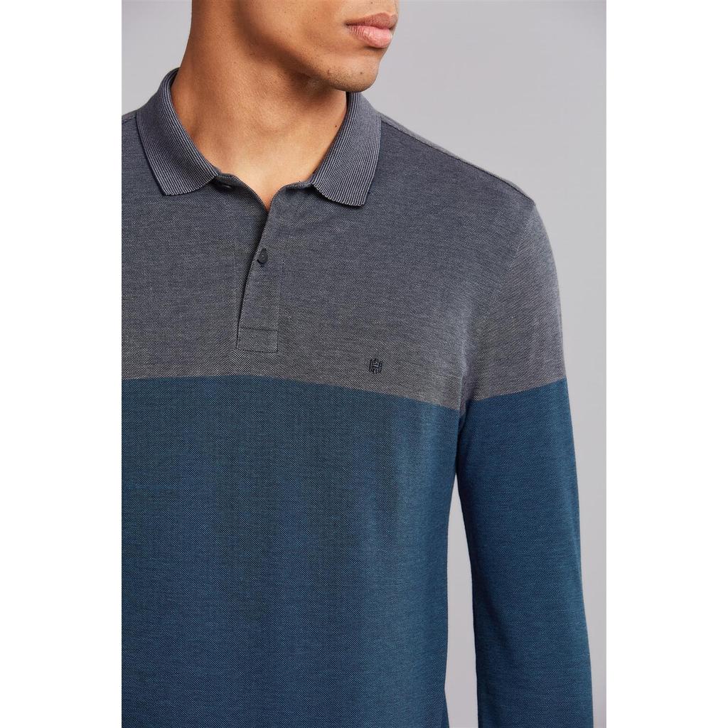 Polo Manga Longa Piquet Slim Fit - Cinza Escuro / Azul Marinho em Oferta na Shopee