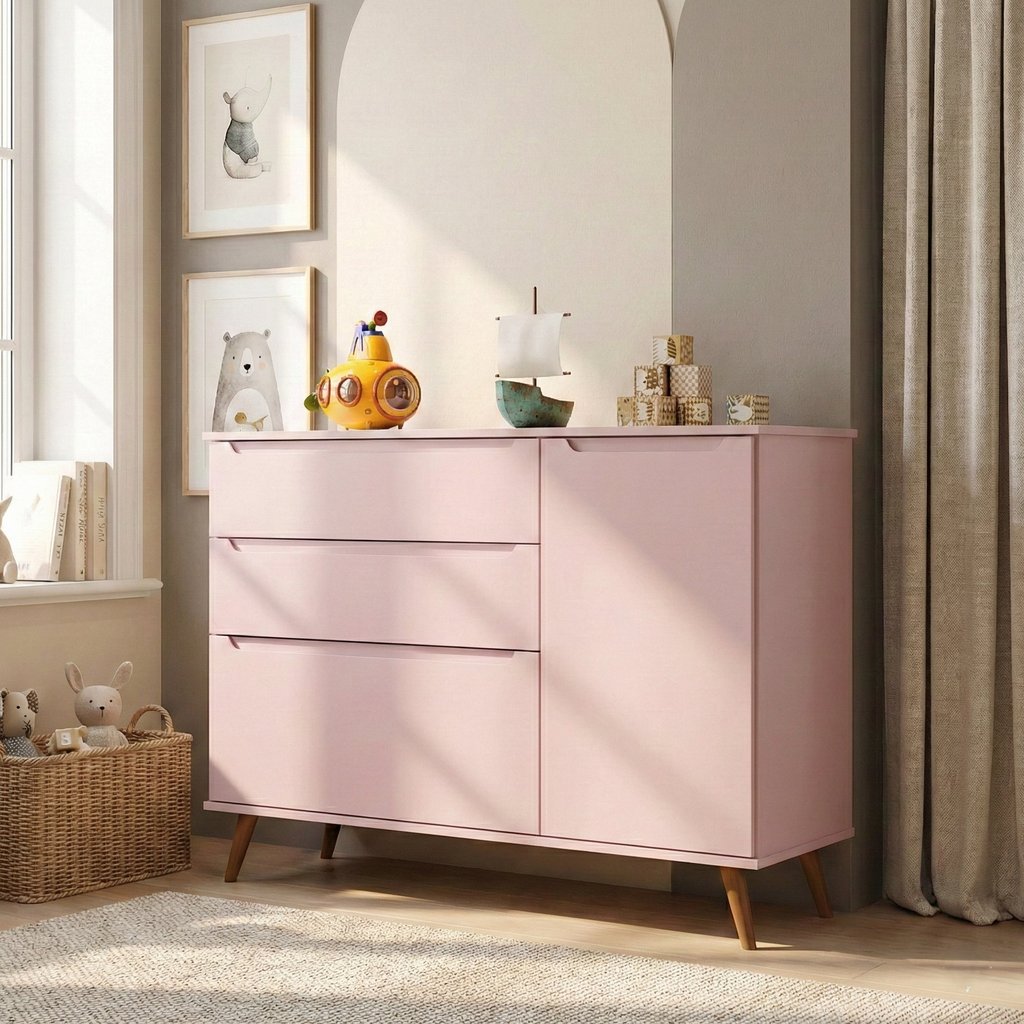 Cômoda Infantil 100% MDF com 3 Gavetas e 1 Porta Retrô Melinda Rosa Rosa em Oferta na Shopee