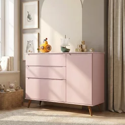 Cômoda Infantil 100% MDF com 3 Gavetas e 1 Porta Retrô Melinda Rosa Rosa