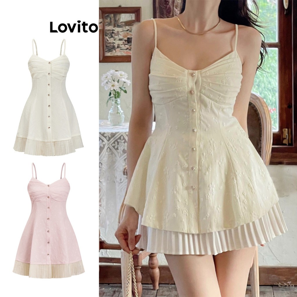Lovito Vestido Casual Verão Plissado Jacquard Botão Vestido Para Mulheres L86ED347