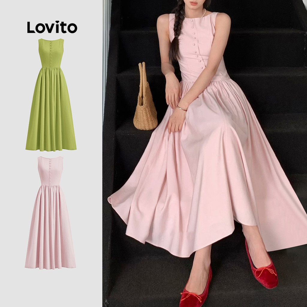 Lovito Vestido Casual Liso Primavera E Verão Vestido Drapeado Com Botões Para Mulheres L125AD198