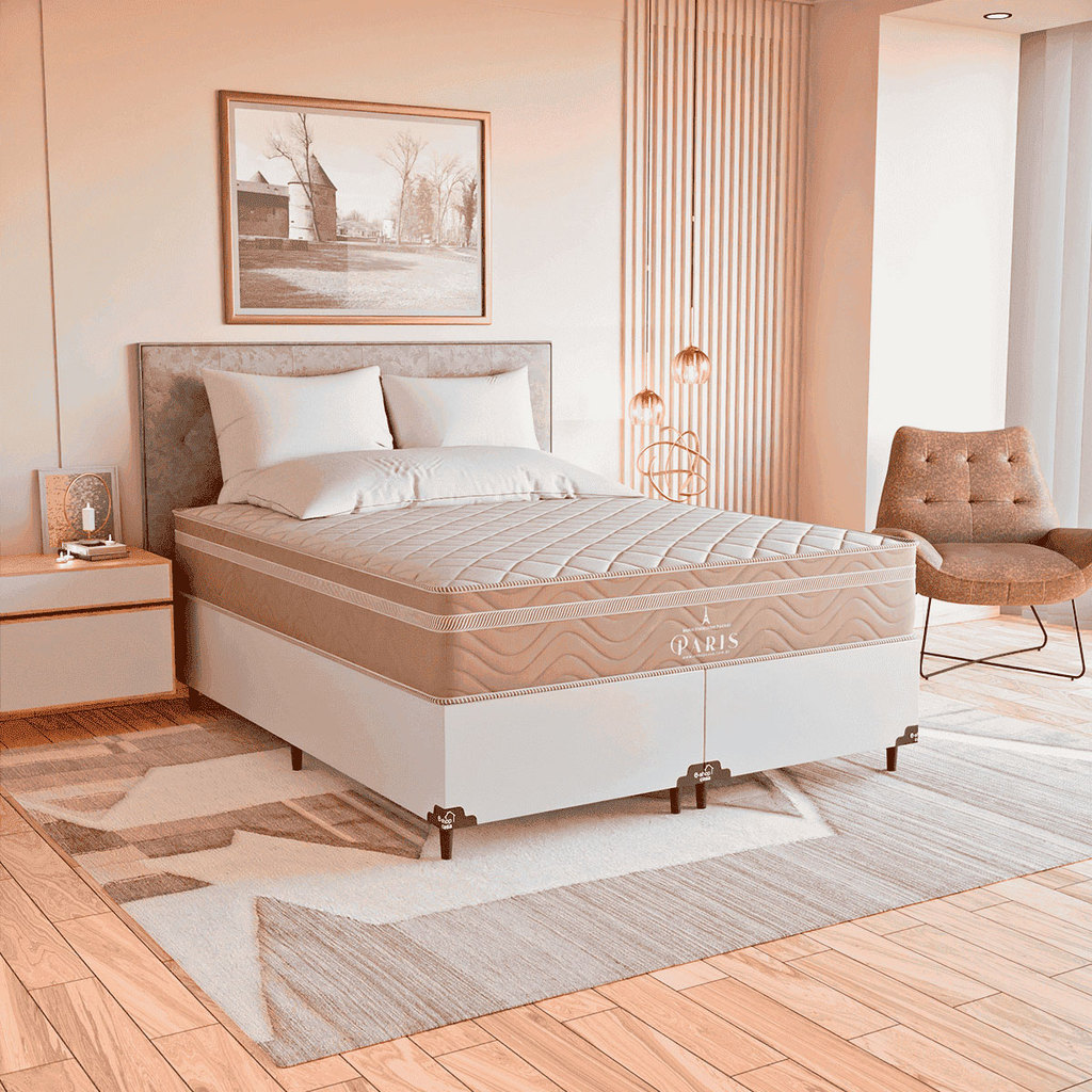 Cama Box Queen Branco + Colchão Paris Molas Ensacadas