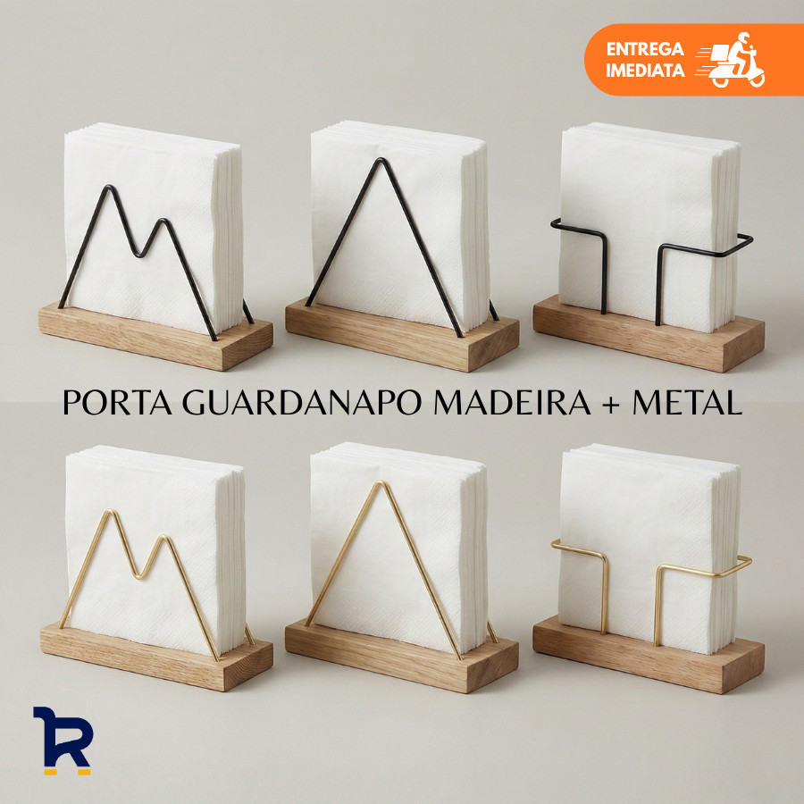 Porta Guardanapo Madeira Aço Dourado Preto Fosco Grande MDF para Mesa Cozinha Suporte