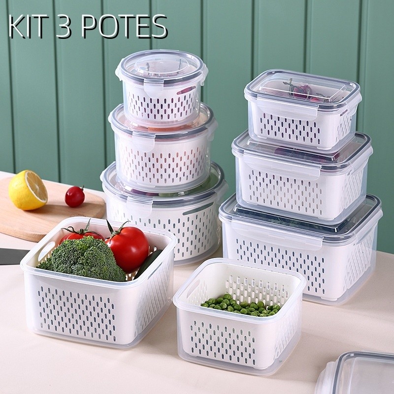 KIT 3 Potes Organizador Com Tampa De Geladeira Cesta De Alimentos De Drenagem Multiuso Para Cozinha