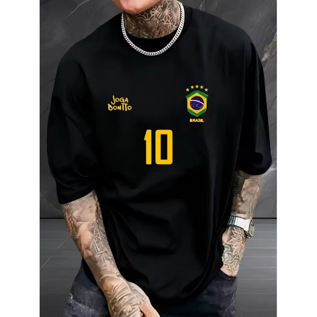 Camiseta Oversized Preta Unisex, Design com Bandeira do Brasil, Número 10 e Texto "Joga Bonito", Moda Esportiva em Oferta na Shopee