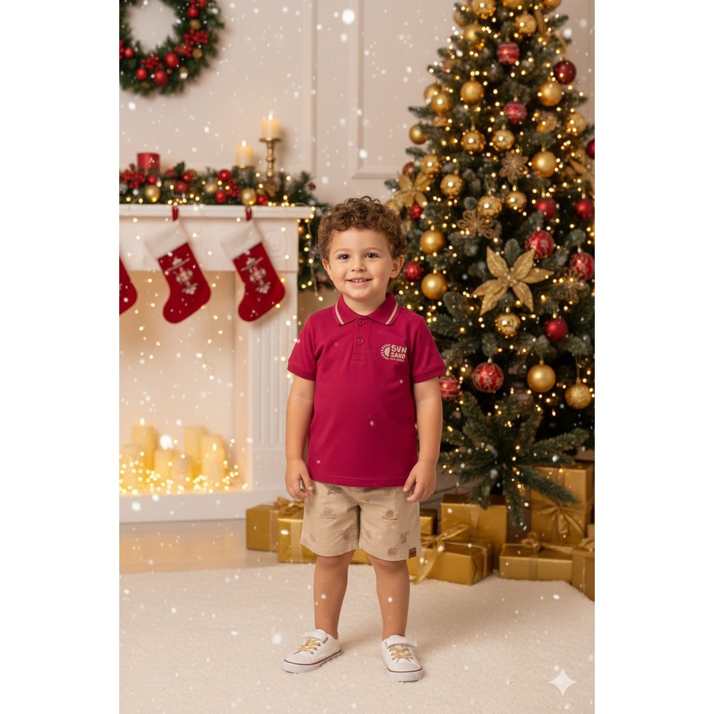 221631 CONJUNTO COM POLO MASCULINO INFANTIL ELIAN VERMELHO C/ BERMUDA ESTAMPADA