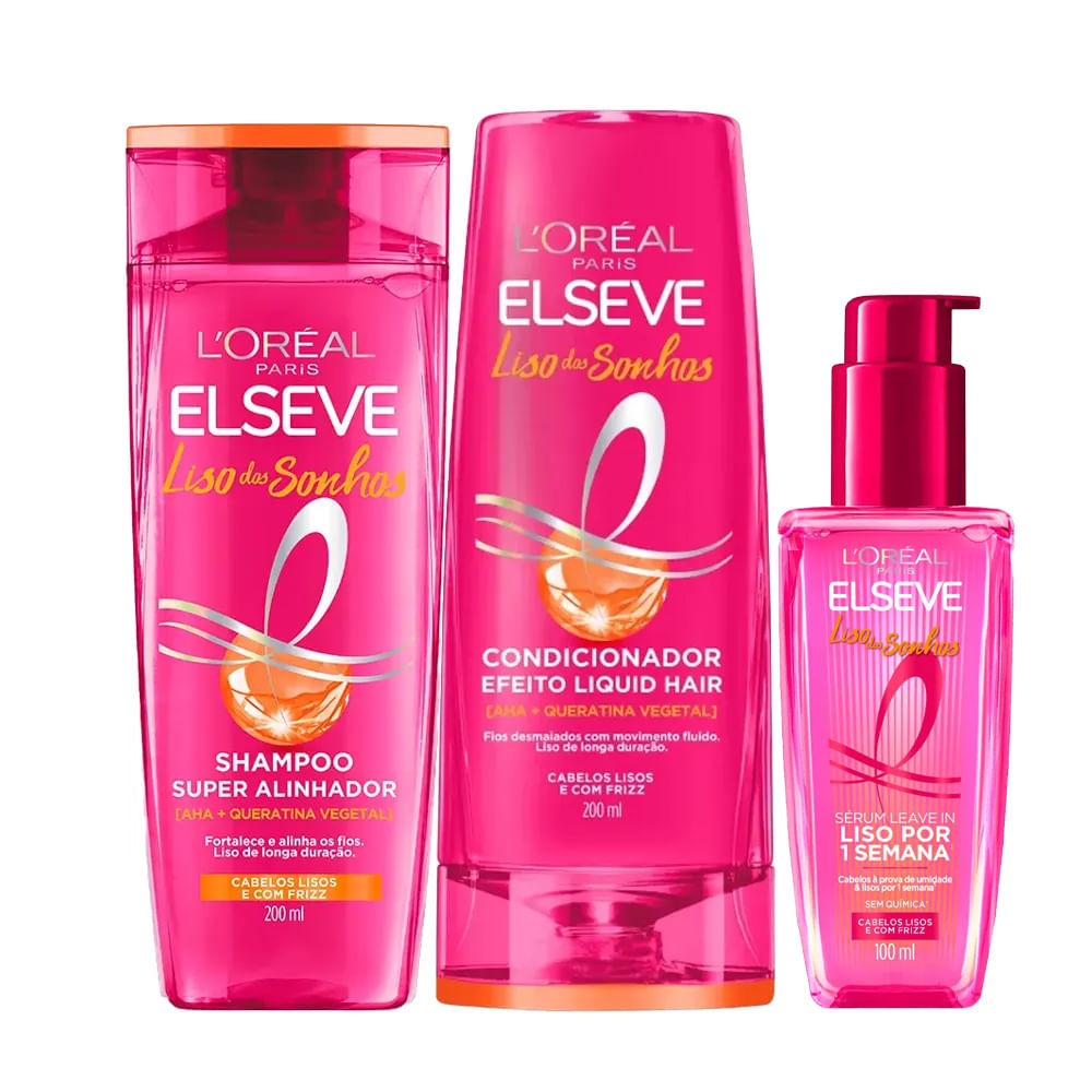 Kit Elseve Shampoo 200ml + Condicionador 200ml + Sérum Liso Dos Sonhos Liquid Hair em Oferta na Shopee