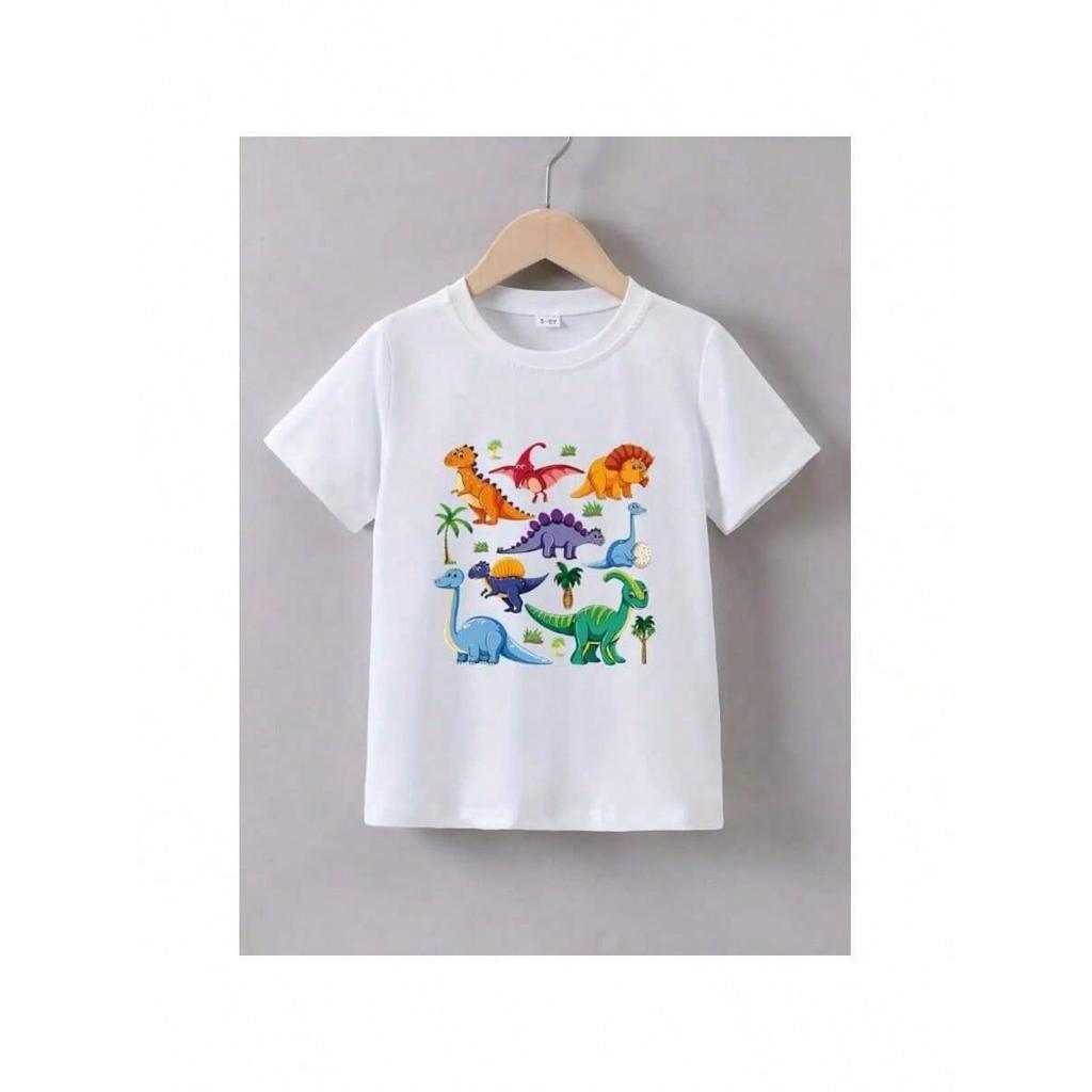 Camiseta Infantil Estampada Família Dinossauro - 100% algodão Gola Careca Manga Curta Casual Top para Meninos,