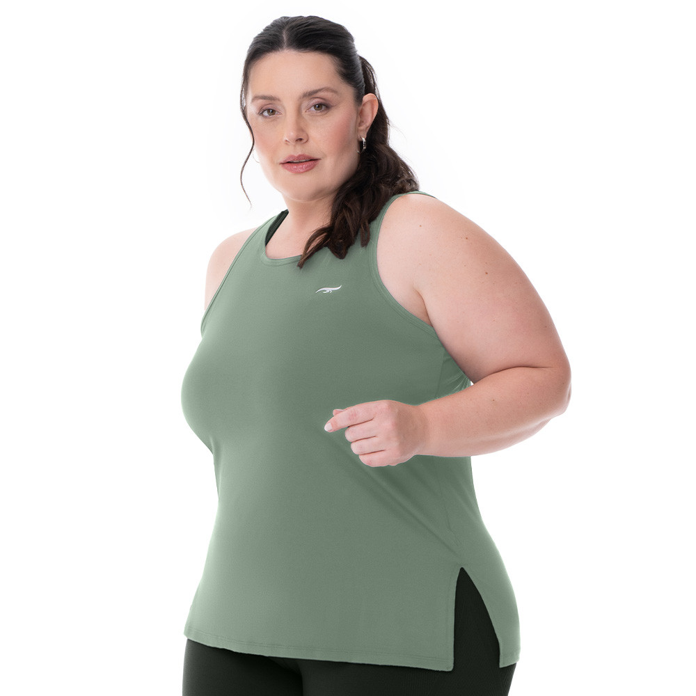 Imagem Regata Fitness Plus Alongada com Fenda Verde Grigio