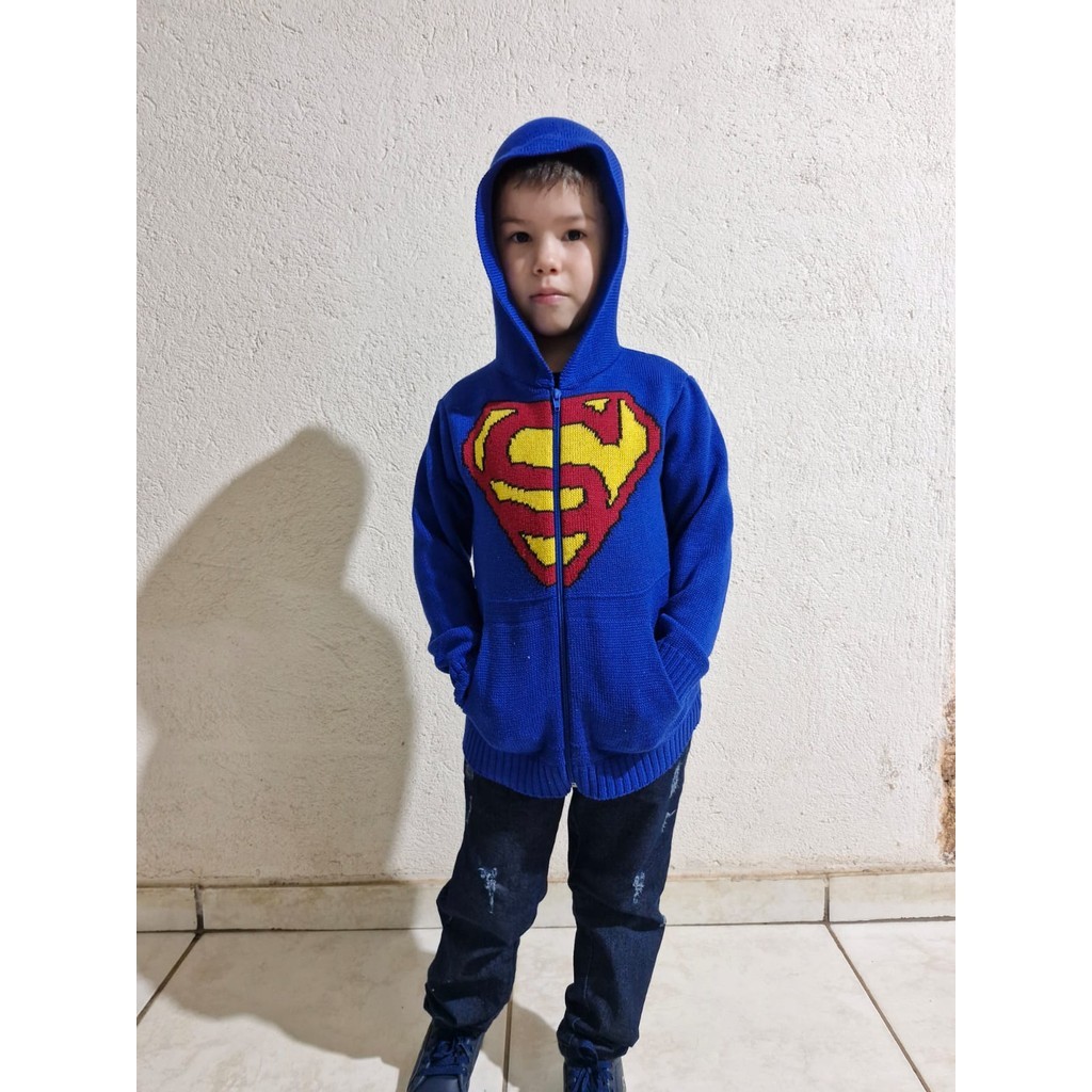 Jaqueta de Tricot Suéter Infantil Super Homem Zíper e Capuz
