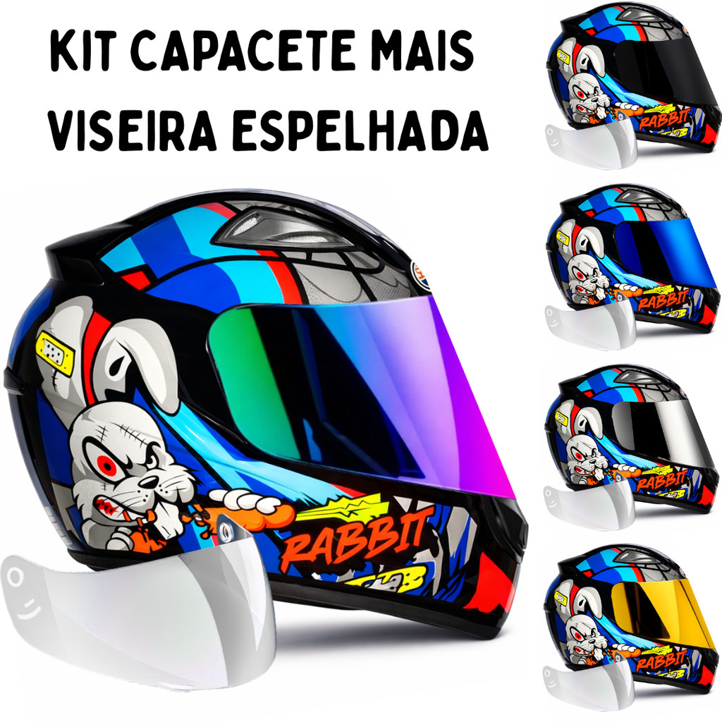 Capacete Ebf Rabbit Azul C/Narigueira + Viseira Espelhada Colorida