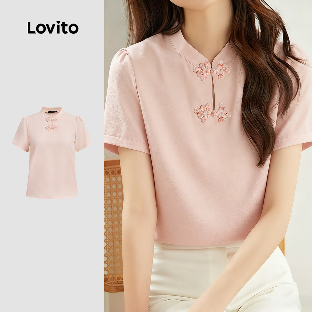 Lovito Blusa Casual Nova Estilo Chinês Primavera/verão Blusa Rosa para Mulheres LK2ED210 em Oferta na Shopee