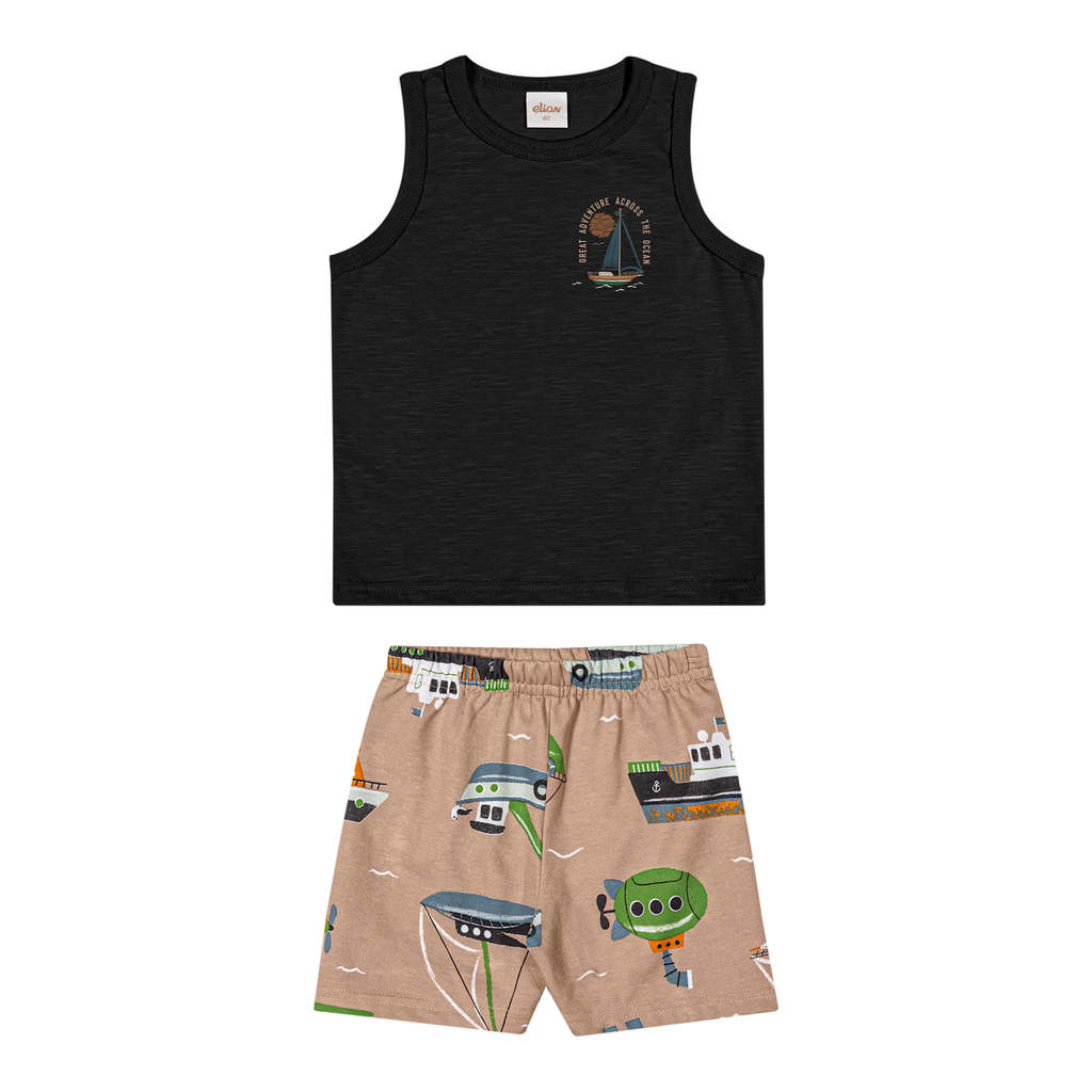 Conjunto Infantil Menino Barcos Elian Preto em Oferta na Shopee